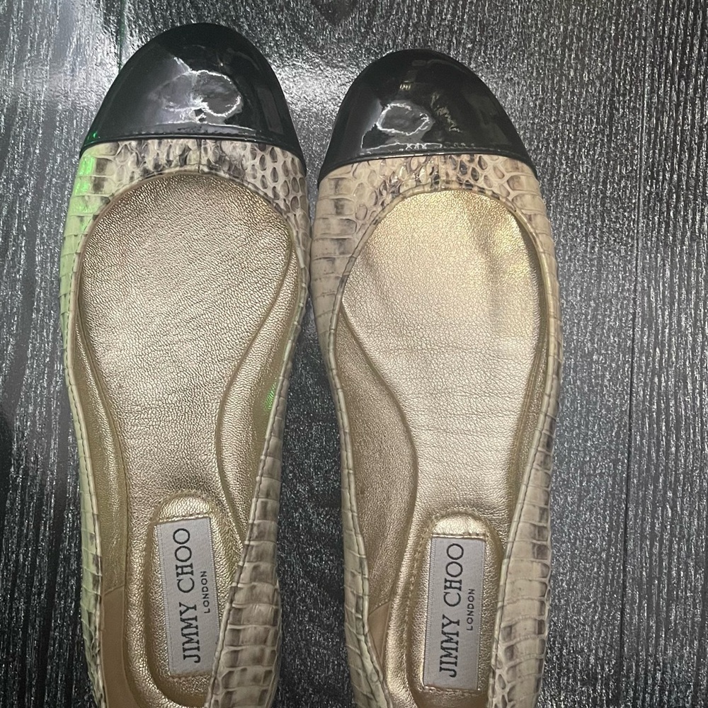 Jimmy Choo Snakeskin Patterned Flats with Black Cap Toe